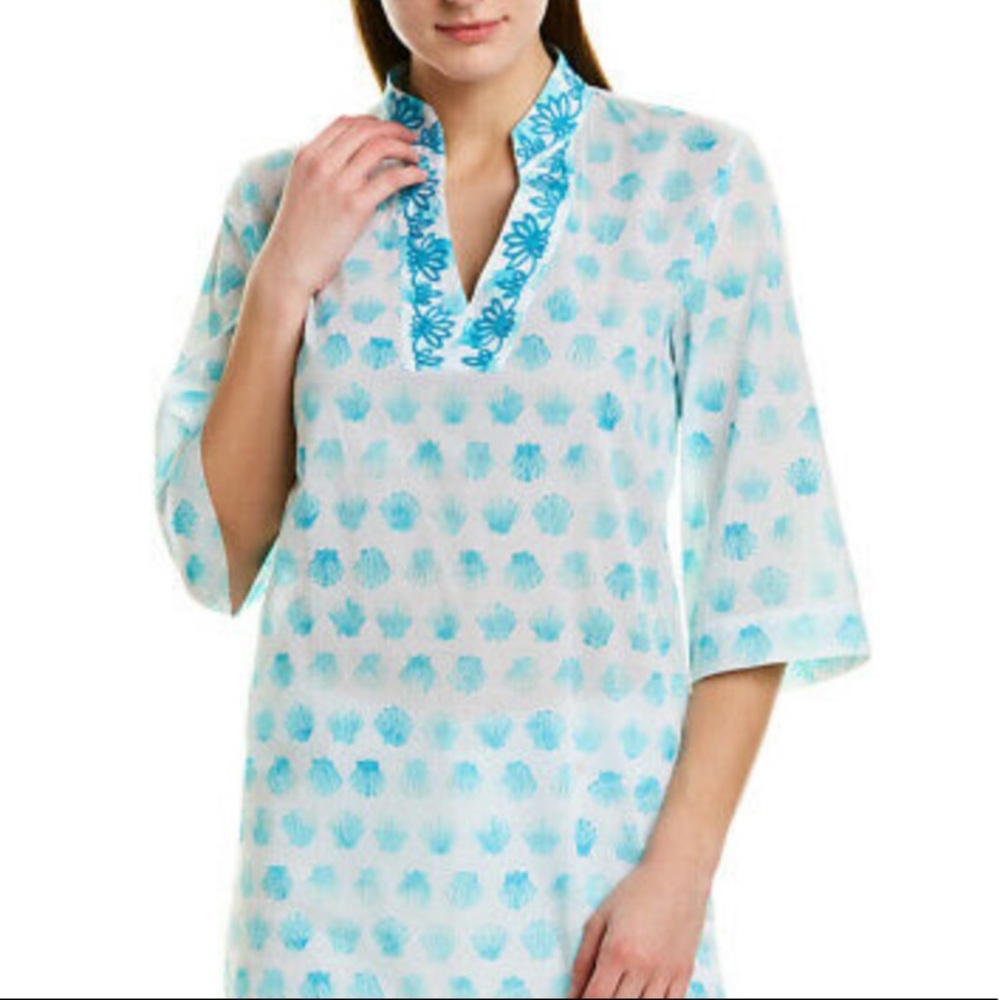 Tori Richard Trista Tunic Top M White Blue Seashells